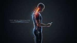 Homme souffrant d'une cervicalgie, douleur au cou et à la nuque devant un écran