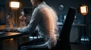 Modélisation 3D médicale du rachis thoracique mettant en évidence une dorsalgie chronique liée à un déséquilibre postural et aux chaînes musculaires de la colonne