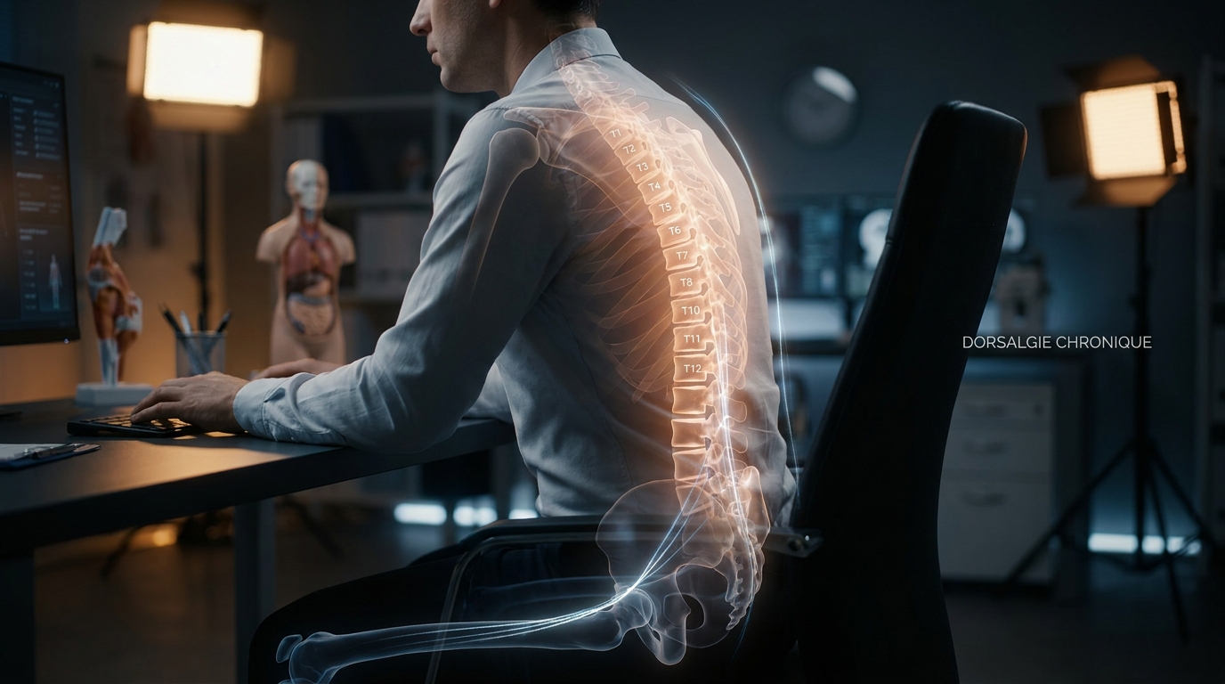 Modélisation 3D médicale du rachis thoracique mettant en évidence une dorsalgie chronique liée à un déséquilibre postural et aux chaînes musculaires de la colonne