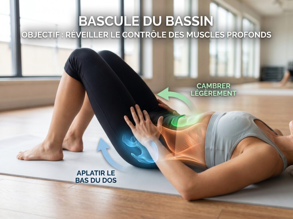 Guide visuel de l'exercice de bascule du bassin pour réveiller le contrôle des muscles profonds et améliorer la stabilité posturale