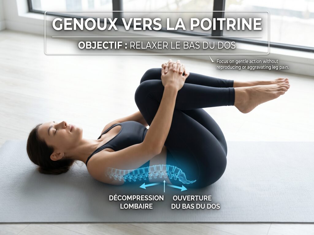 Photographie explicative de l'exercice des genoux vers la poitrine pour détendre le bas du dos et ouvrir l'espace lombaire en douceur