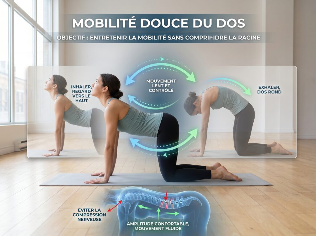 Schéma d'exercice de mobilité douce du dos à quatre pattes pour entretenir la souplesse du rachis sans contraindre la racine nerveuse