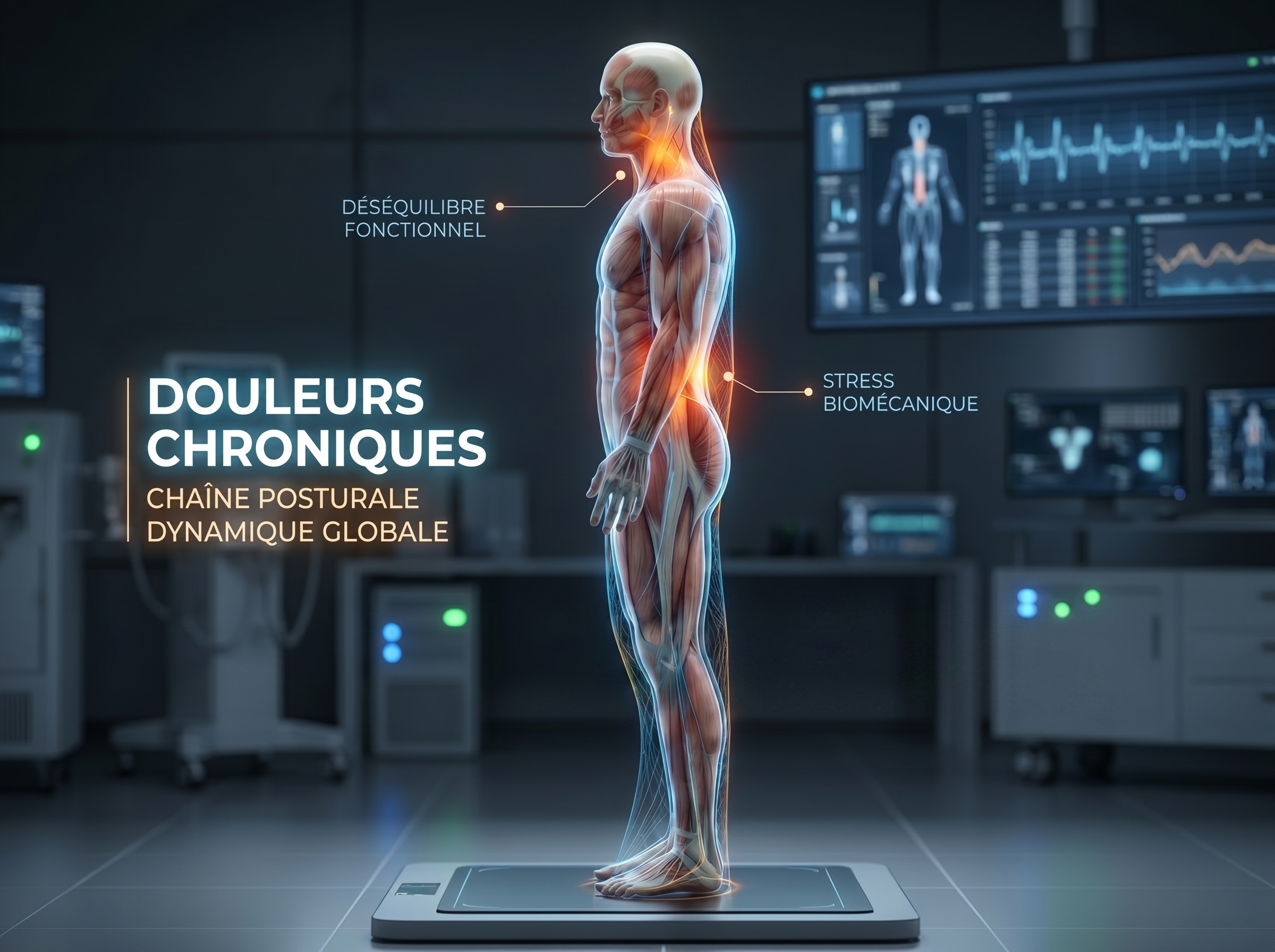 Modélisation 3D médicale du corps humain mettant en évidence les zones de douleurs chroniques reliées par la chaîne posturale dynamique globale